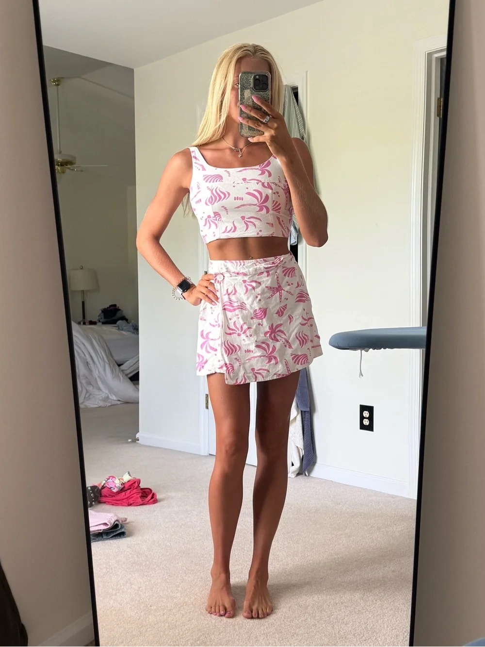 Pink & White Floral Mini Skirt set